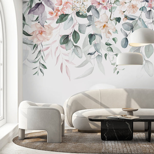 Pink Hanging Flowers and Leaves Wall Mural SM022 - CostaCover - Peel and stick Removable Wallpaper - accent wallpaper - adhesive wallpaper - bathroom wallpaper