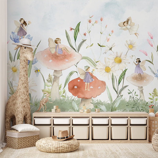 Fairies and Mushrooms Wall Mural SM051 - CostaCover - Peel and stick Removable Wallpaper - accent wallpaper - adhesive wallpaper - baby bedroom