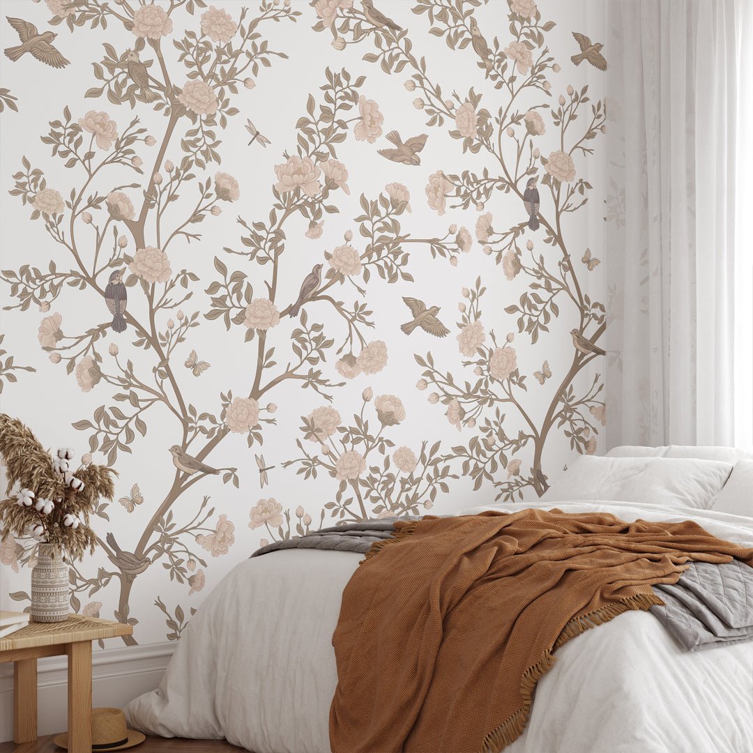 Blossom Trees and Birds Wall Mural with nature-inspired floral scene