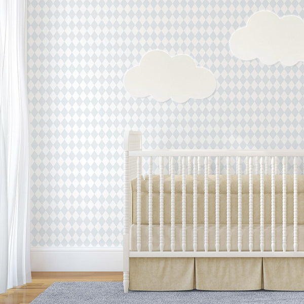 Close-up of pastel blue diamond wallpaper showcasing a delicate rhombus grid against a white background. Perfect for creating a subtle structure in bedrooms and hallways, this removable peel and stick wallpaper is easy to apply, reposition, and ideal for renters. Made in the USA with eco-friendly materials, it adds a modern touch to any space.