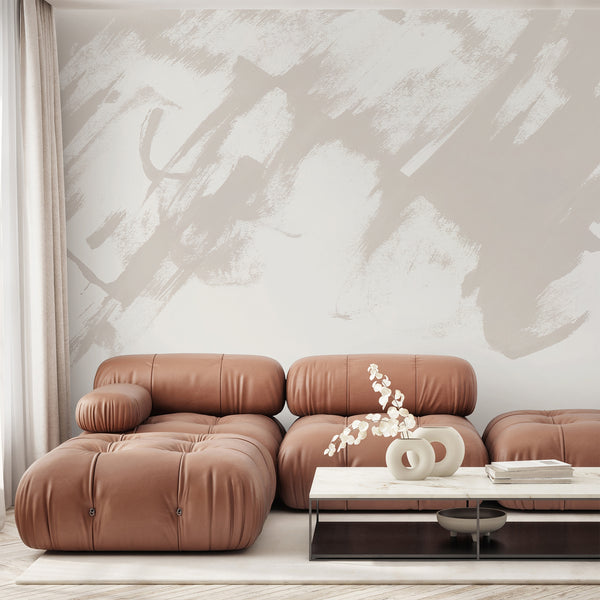 Abstract brush stroke wallpaper in soft beige and off white with an artistic painted texture for contemporary and minimalist home interiors.