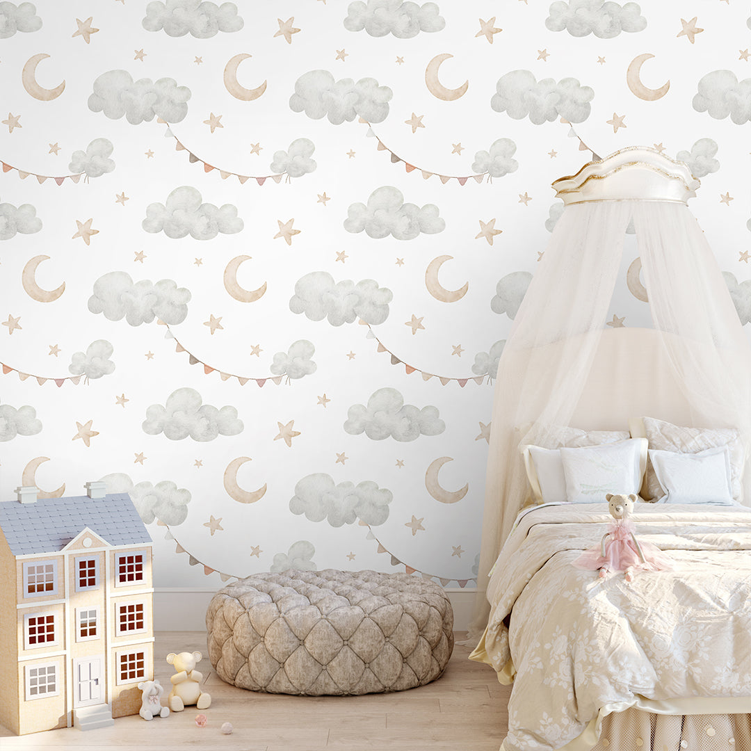 Clouds Moon & Bunting Wallpaper S112