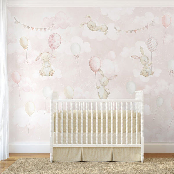 Pink Bunny & Balloons Wall Mural SM077 - CostaCover - Peel and stick Removable Wallpaper - abstract wall art - abstract wallpaper - accent wallpaper