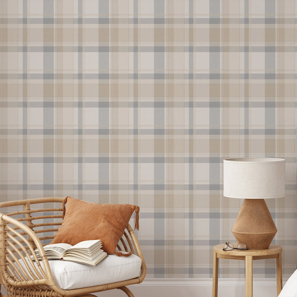 Beige and dusty blue plaid wallpaper with a vintage tartan check pattern and subtle woven texture, perfect for a cozy English country cottage bedroom.