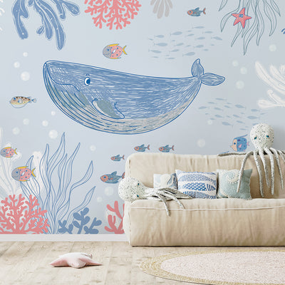 Blue Pink Drawing Whale Wall Mural SM056
