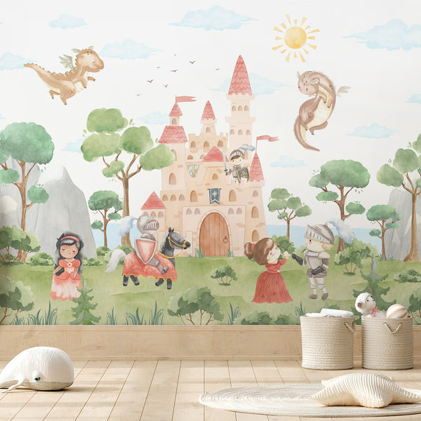 Watercolor dragon castle wall mural featuring princesses, knights, friendly dragons, green forest and a whimsical medieval kingdom for a kids room.