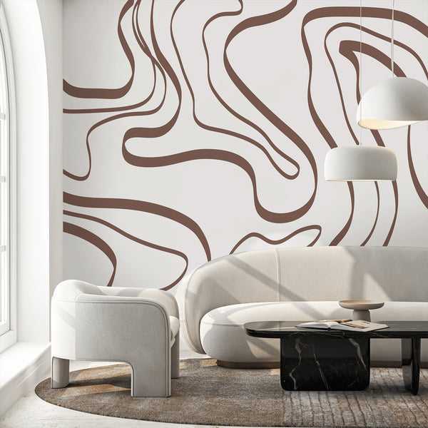 Brown and white abstract wallpaper featuring oversized flowing curved lines in a minimalist organic pattern for a modern living room or bedroom.