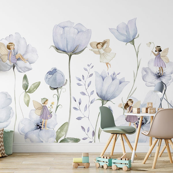 Blue Flower Fairy Wall Mural SM050 - CostaCover - Peel and stick Removable Wallpaper - accent wallpaper - adhesive wallpaper - baby bedroom
