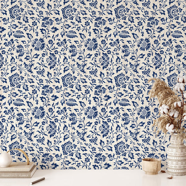Blue Vintage Flowers Wallpaper CC347 - CostaCover - Peel and stick Removable Wallpaper - accent wallpaper - adhesive wallpaper - bathroom wallpaper