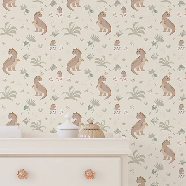 Beige Dinosaur Nursery Wallpaper L153