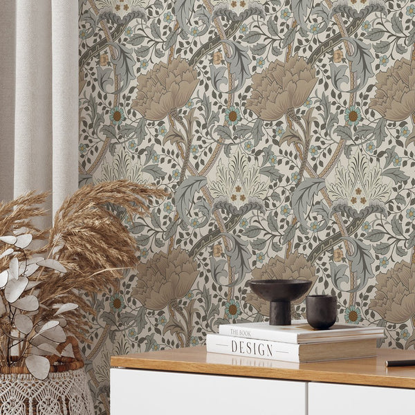 Beige Gray Windrush wallpaper featuring Morris-inspired botanical design with stylized blooms and palmette leaves. Warm beige and muted gray palette with dusty teal and pale gold accents. Ideal for living rooms, bedrooms, and studies. Made in the USA, easy to apply and reposition, perfect for renters.