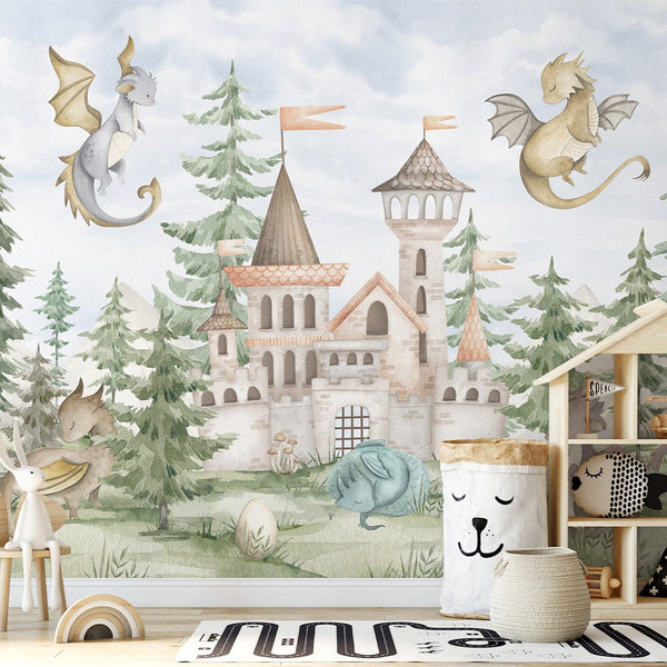 Dragons Castle in Forest Wall Mural SM038 - CostaCover - Peel and stick Removable Wallpaper - accent wallpaper - adhesive wallpaper - baby bedroom