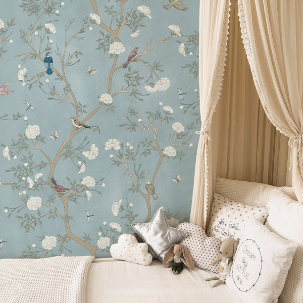 Blue Blossom Trees & Birds Wallpaper W058 - CostaCover - Peel and stick Removable Wallpaper - accent wallpaper - adhesive wallpaper - adhesive wallpaper design