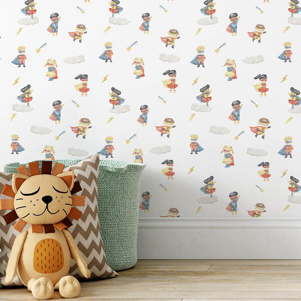 Watercolor superhero wallpaper with cute boys and girls in colorful capes, clouds, stars and lightning bolts on a soft white background for kids rooms.
