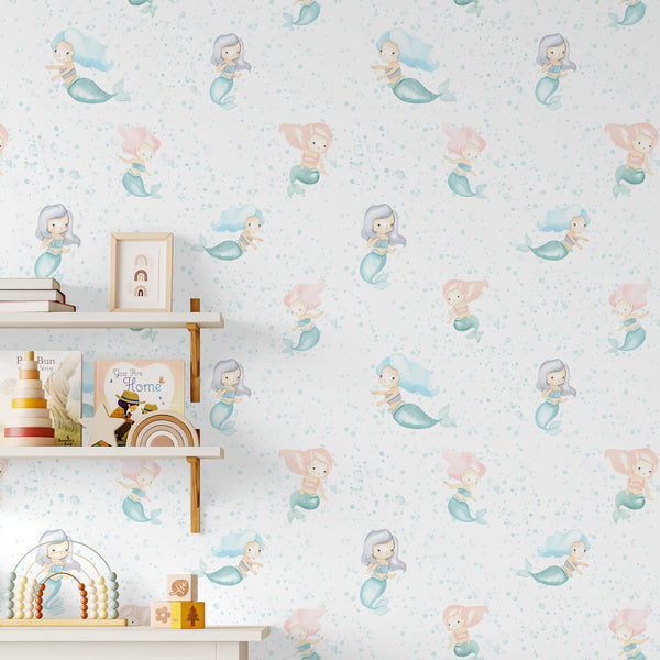 Blue Mermaid Nursery Wallpaper L137