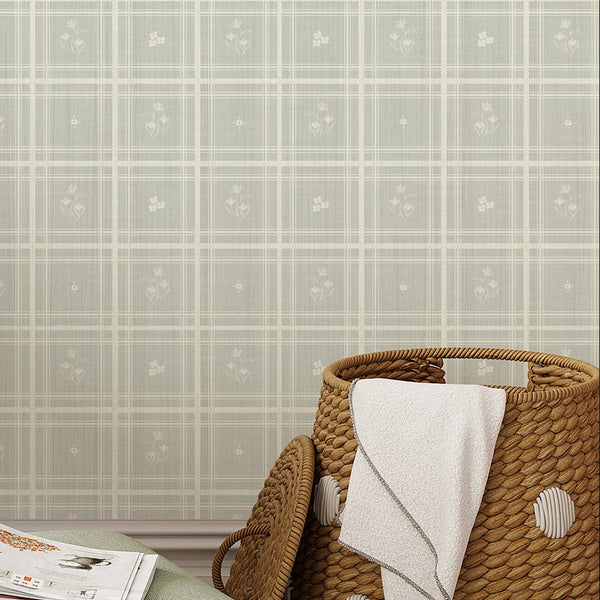 Sage Green Plaid Floral Wallpaper L147