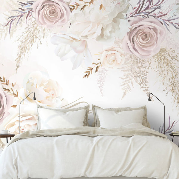 White & Soft Pink Flowers Wall Mural WM007 - CostaCover - Peel and stick Removable Wallpaper - baby bedroom - bedroom interior - bedroom wallpaper