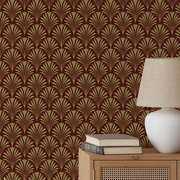 Burgundy Botanical Art Deco Wallpaper L019