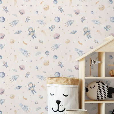 Beige Astronauts & Rockets Wallpaper S123
