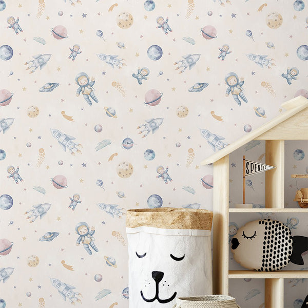 Beige Astronauts & Rockets Wallpaper S123 - CostaCover-Peel and stick Removable Wallpaper-accent wallpaper-adhesive wallpaper-baby bedroom