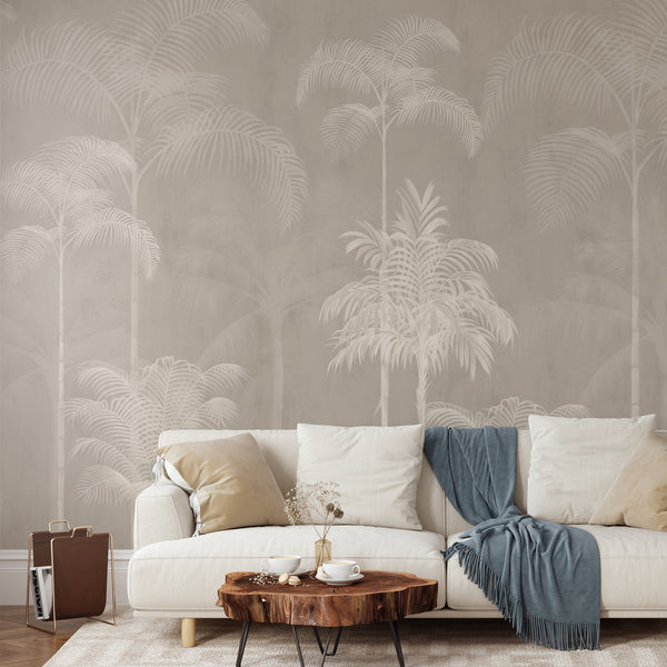 Taupe tropical palm tree wallpaper with soft cream palms and layered botanical foliage, creating a warm neutral look for a modern bedroom.