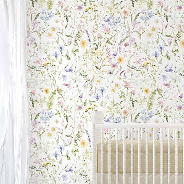 Pastel Delicate Wildflowers Wallpaper S073 - CostaCover - Peel and stick Removable Wallpaper - accent wallpaper - adhesive wallpaper - baby bedroom