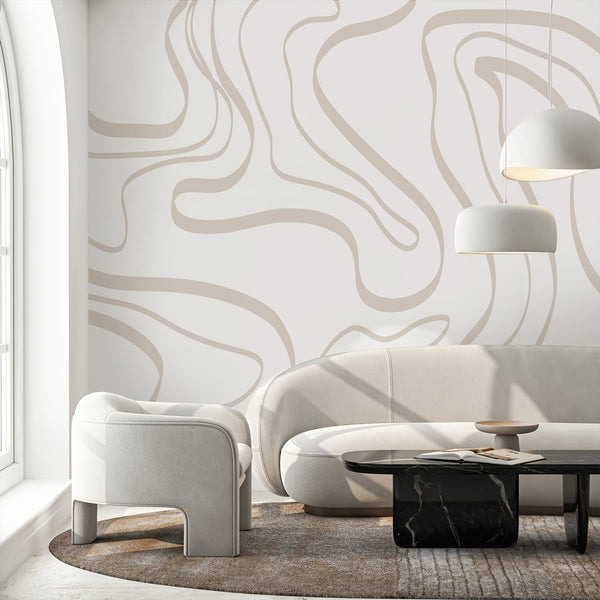 Beige and white abstract wallpaper featuring oversized flowing curved lines and organic shapes for a soft modern minimalist living room interior.