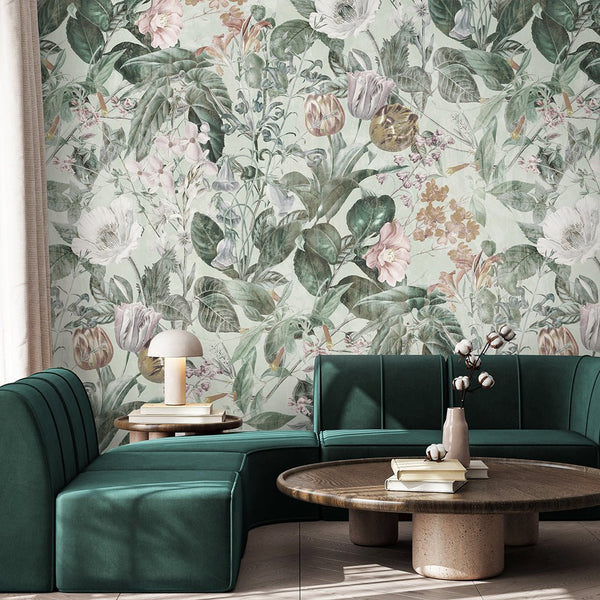 Green Vintage Flowers Garden Wall Mural SM045 - CostaCover - Peel and stick Removable Wallpaper - Abstract - abstract floral - abstract wallpaper