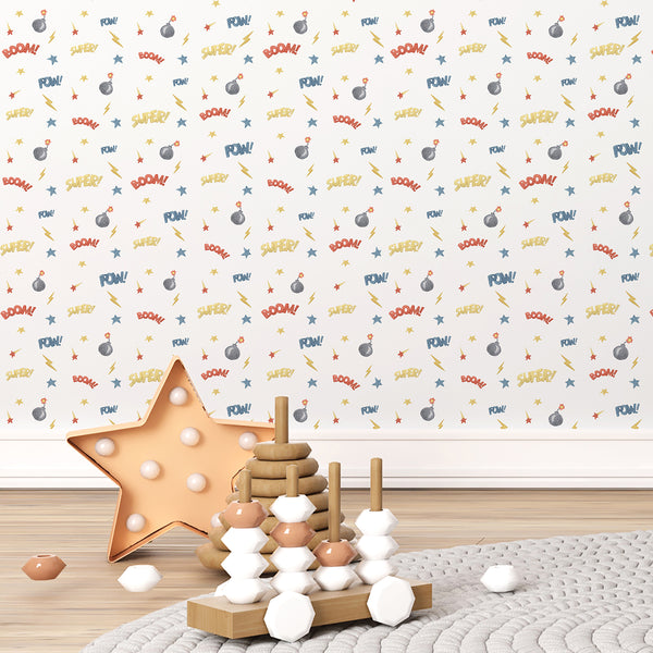 Superhero wallpaper featuring a watercolor black comic bomb with a glowing fuse and bright yellow lightning bolt on a clean white background.