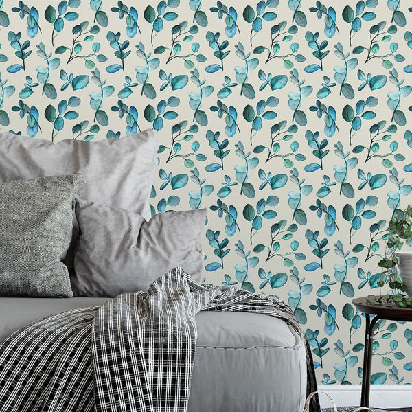 Blue Green Twigs Leaves Wallpaper CC213 - CostaCover - Peel and stick Removable Wallpaper - adhesive wallpaper - aqua blue - Aqua blue wallpaper