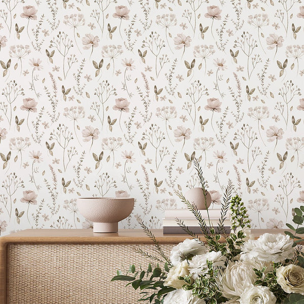 Neutral Floral Bedroom Wallpaper S065 - CostaCover-Peel and stick Removable Wallpaper-accent wallpaper-adhesive wallpaper-bathroom wallpaper