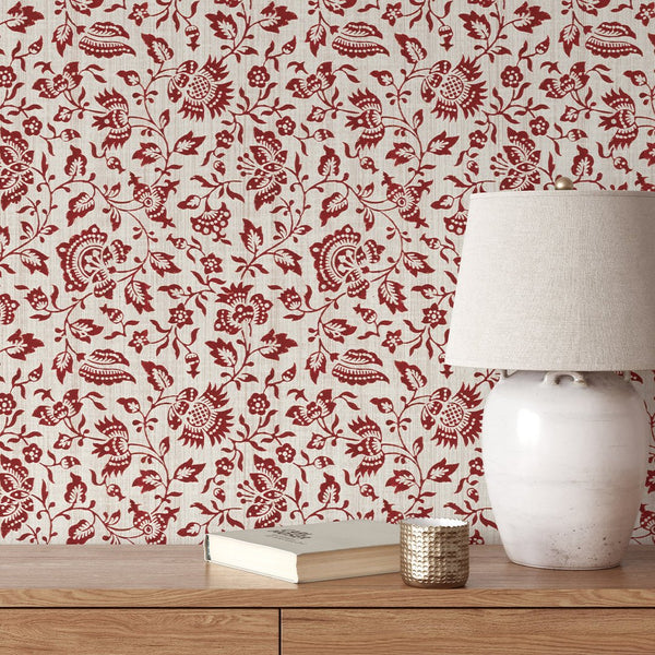 Red Vintage Flowers Wallpaper CC344 - CostaCover - Peel and stick Removable Wallpaper - accent wallpaper - adhesive wallpaper - bathroom wallpaper