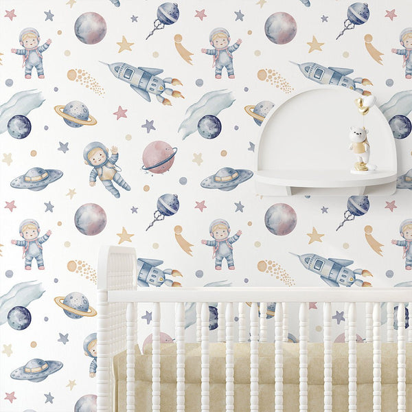 Astronauts & Spaceships Wallpaper S118 - CostaCover-Peel and stick Removable Wallpaper-accent wallpaper-adhesive wallpaper-bathroom wallpaper