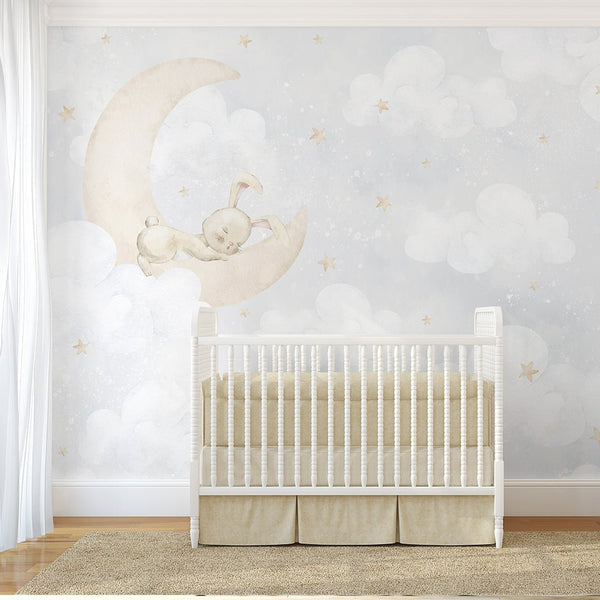 Bunny on Moon Wall Mural SM069 - CostaCover - Peel and stick Removable Wallpaper - accent wallpaper - adhesive wallpaper - animal print