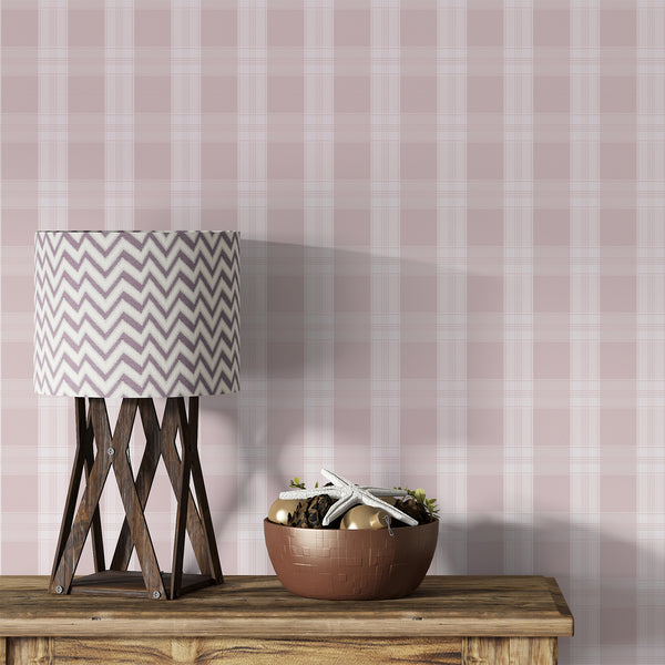 Blush pink plaid wallpaper with soft ivory checks and fine intersecting lines, creating a charming pattern for kitchens, bedrooms, and nurseries.