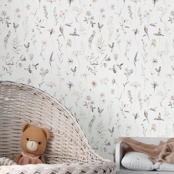 Tiny Neutral Wildflowers Wallpaper S064 - CostaCover - Peel and stick Removable Wallpaper - accent wallpaper - adhesive wallpaper - bathroom wallpaper