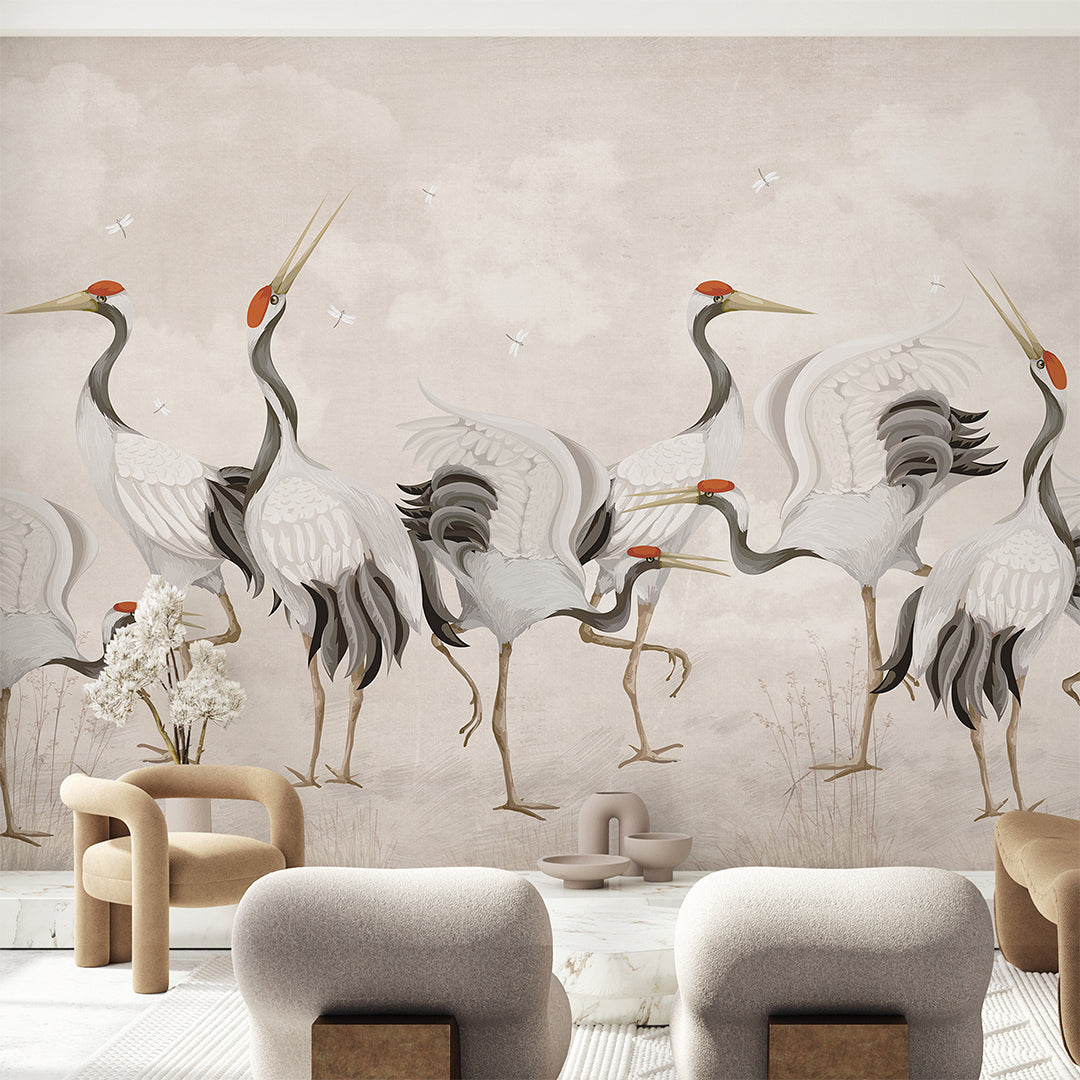Beige Japanese Cranes Wall Mural WM107