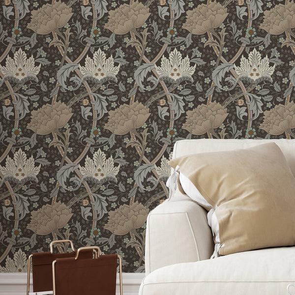 Brown and beige Windrush wallpaper by Morris featuring sweeping stems and dense blooms, offering Arts and Crafts charm to living rooms and home offices. Eco-friendly, made in the USA.