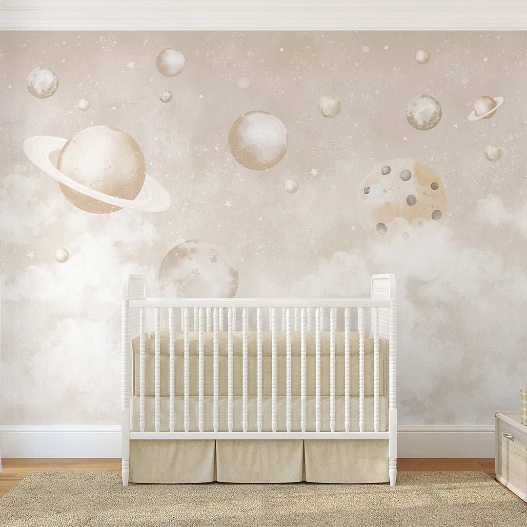 Beige Planets in Space Wall Mural SM086