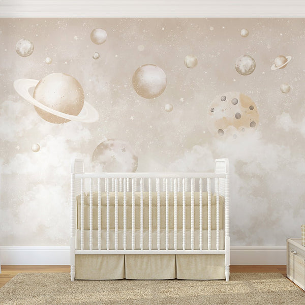 Beige Planets in Space Wall Mural SM086 - CostaCover - Peel and stick Removable Wallpaper - accent wallpaper - adhesive wallpaper - baby bedroom