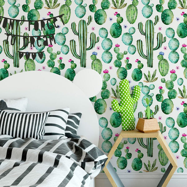 Watercolor Cactus Wallpaper CC209 - CostaCover - Peel and stick Removable Wallpaper - adhesive wallpaper - baby wall decor - bathroom wallpaper