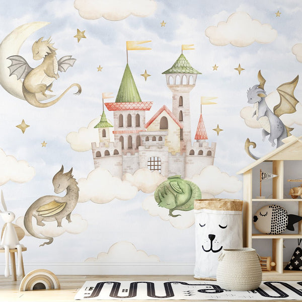 Blue Sky Dragons Castle Wall Mural SM035 - CostaCover - Peel and stick Removable Wallpaper - accent wallpaper - adhesive wallpaper - baby bedroom