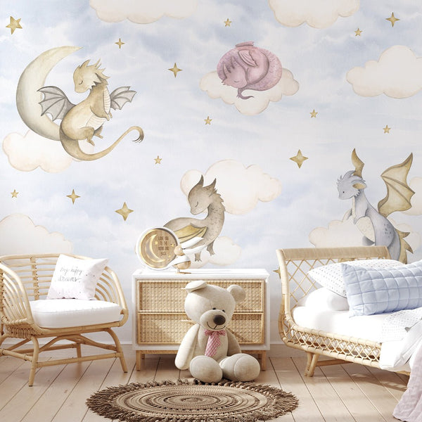 Blue Sky and Dragons Wall Mural SM034 - CostaCover - Peel and stick Removable Wallpaper - accent wallpaper - adhesive wallpaper - baby bedroom