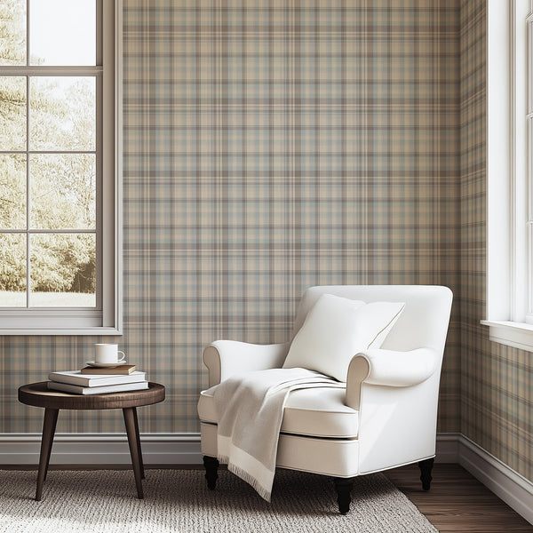Dusty blue beige plaid wallpaper featuring a vintage tartan check pattern with muted brown and taupe stripes, ideal for a cozy cottagecore bedroom interior.