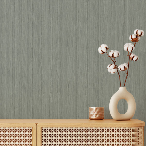 Sage Green Vertical Texture Wallpaper with fine striations, creating a modern, serene backdrop for minimalist interiors.