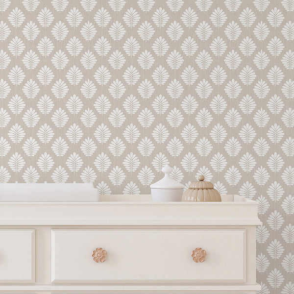 Beige Taupe Linen Leaf Wallpaper L040