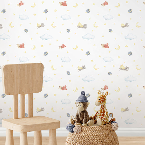 Watercolor superhero cat and dog wallpaper featuring a sleeping gray kitten with a soft yellow cape and tiny star on a white background for kids rooms.