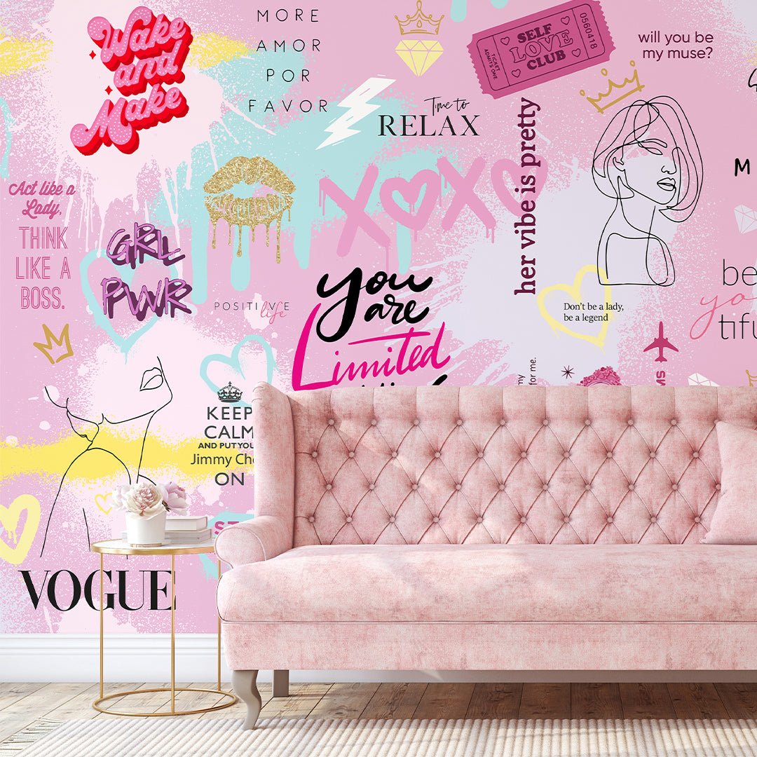 Girls Graffiti Wall Mural with colorful urban collage graphics