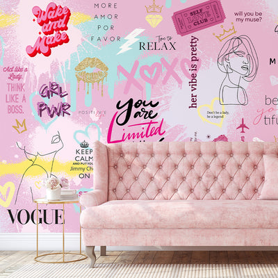 Girls Graffiti Abstract Pink Print Self Adhesive Wall Mural WM030