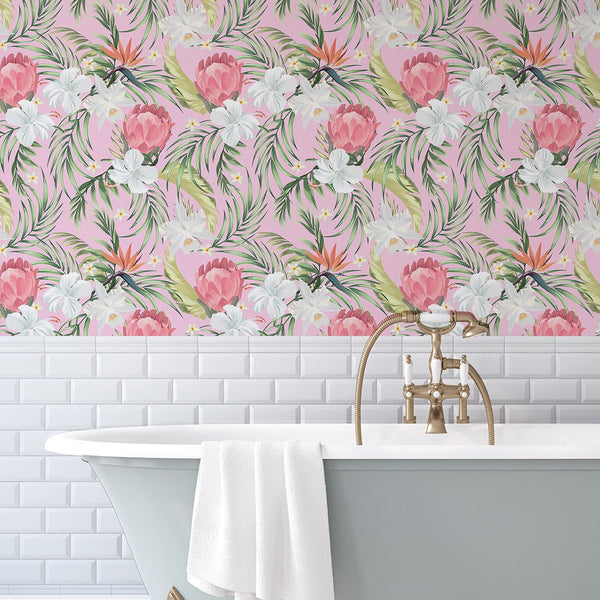 Exotic Pink Flowers Wallpaper CC229 - CostaCover - Peel and stick Removable Wallpaper - accent wallpaper - adhesive wallpaper - Banana leaves wallpaper